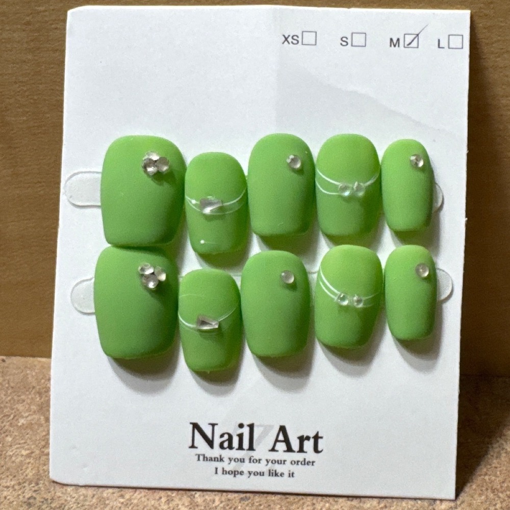 Matte Lime Green Press On Nails Medium Square 3D Floral Crystal Accent 10pc Set